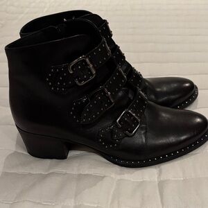 Paul Green Soho Moto Silver Studded Black Leather Buckle Booties (NWOT)